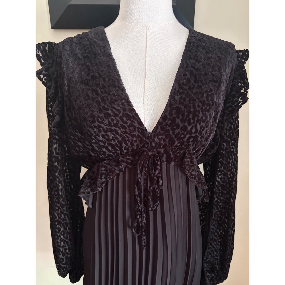 The Kooples Black Leopard Print Flocked Pleated Mini Dress Balloon Sleeve M - Picture 5 of 9